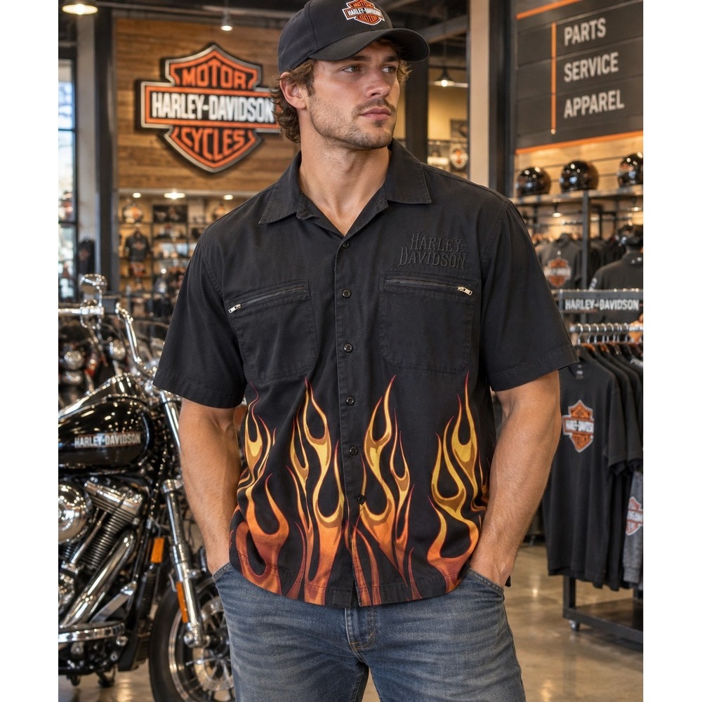 Vintage 2008 Harley Davidson Flame Button Up Shirt Mens L Biker Y2K Black -2211